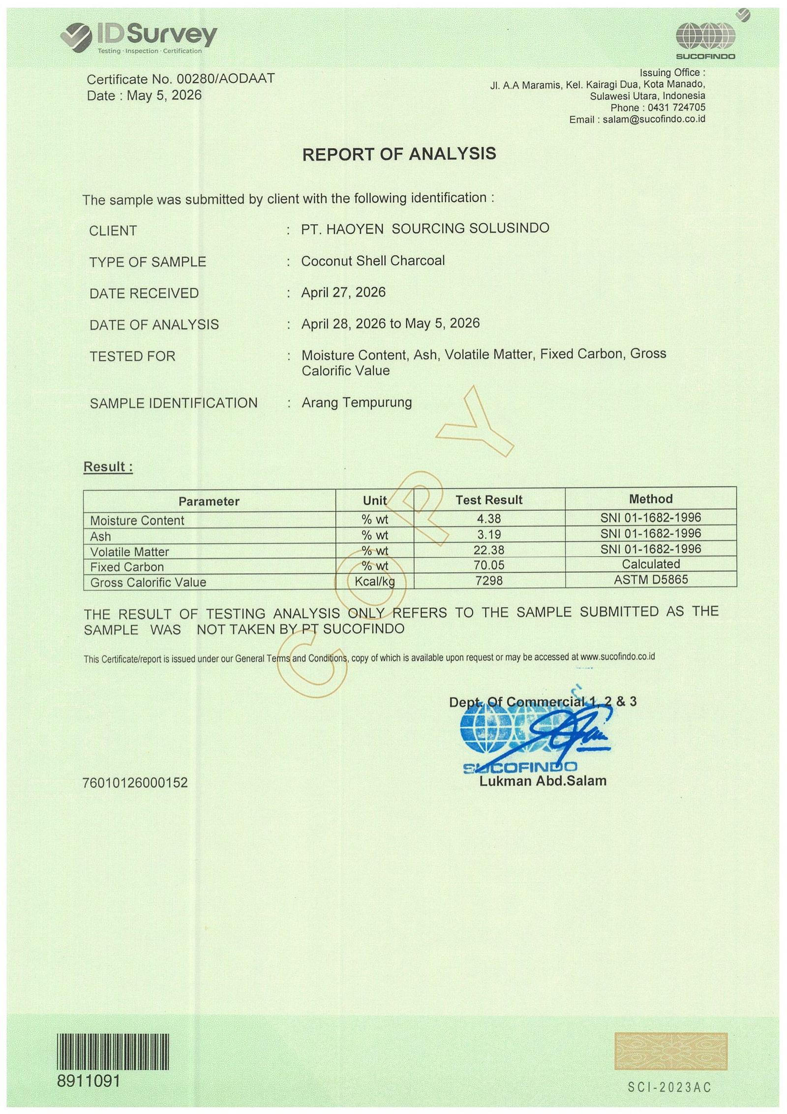 Report of Analysis Arang Tempurung Kelapa